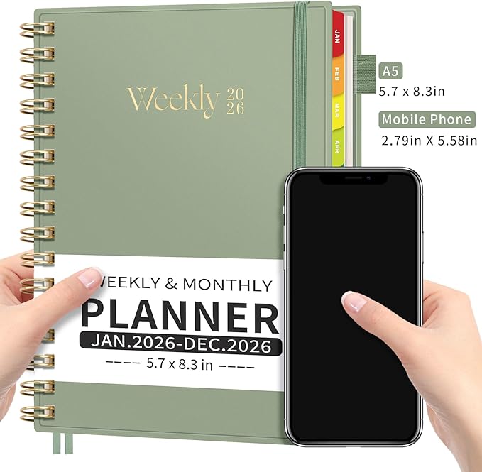 EMSHOI 2026 Planner Weekly and Monthly, Week on One Page with Notes, A5 (5.7"x8.3"), Jan-Dec 2026 Calendar Agenda with Monthly Tabs, Note Pages, 100GSM Thick Paper, Flexible Cover, Light Green