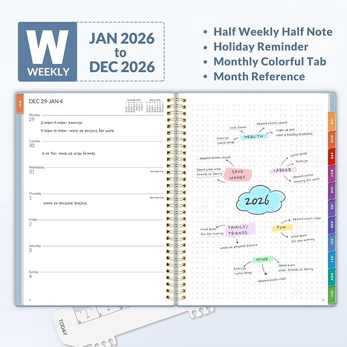 SUNEE 2026 Planner, Weekly and Monthly Calendar Planner, January 2026-December 2026, Daily Agenda with Tabs, Note Pages, Spiral Binding, 8.5"x11", Blue