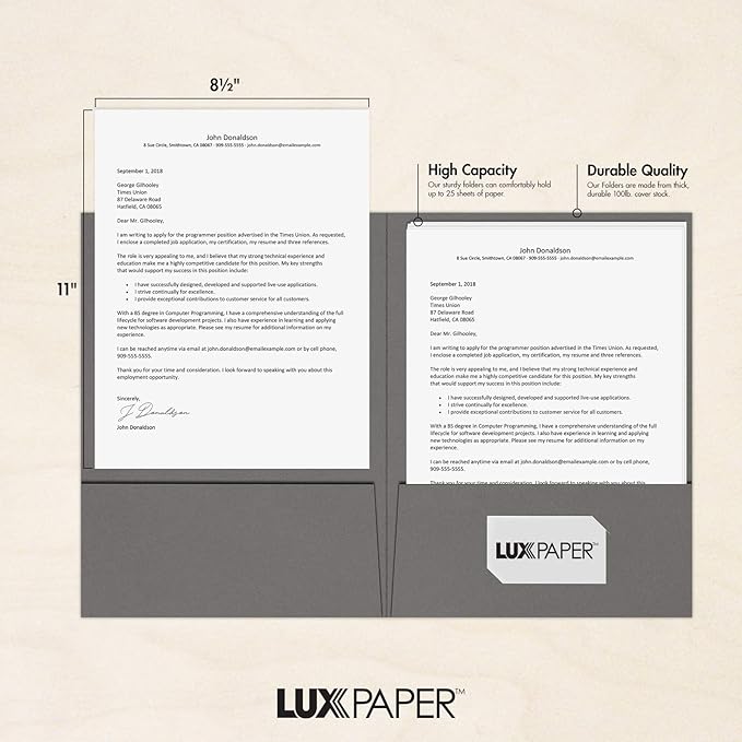 LUXPaper 9" x 12" Presentation Folders | Two Pocket | Smoke Gray | 100lb. Cover | 10 Qty