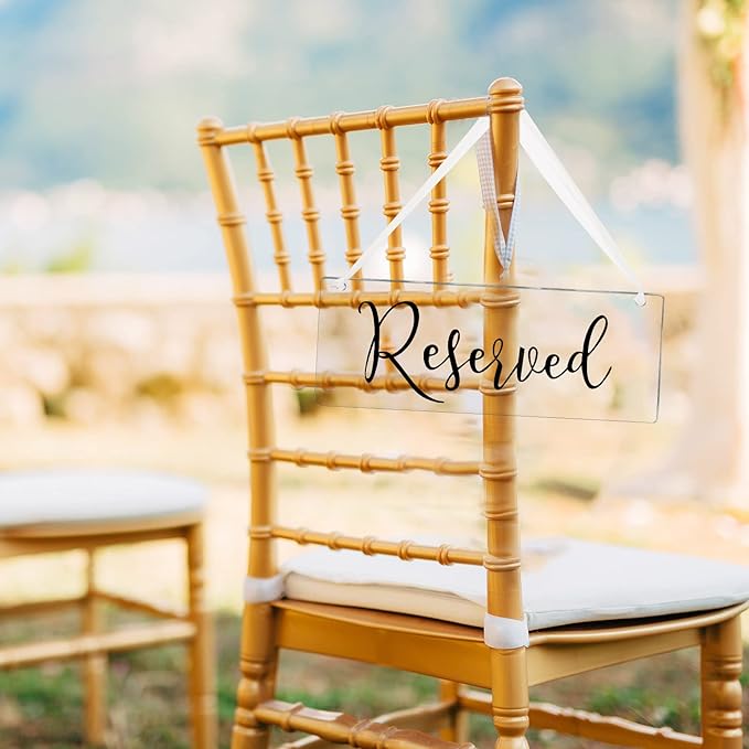 Blulu 6 Pcs Reserved Signs for Wedding Chairs Acrylic Tag Hanging with Ribbon for Wedding Reserved Signs for Important Events Church Pews Chair and Restaurant(Black)