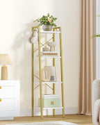 Hzuaneri Ladder Shelf, Bookshelf Bookcase, Freestanding Corner Storage Shelve with 2 Hooks for Home Office, Living Room, Kitchen, Bedroom, Industrial, 11.8" D x 13.4" W x 47.2" H, White Gold BC13213G