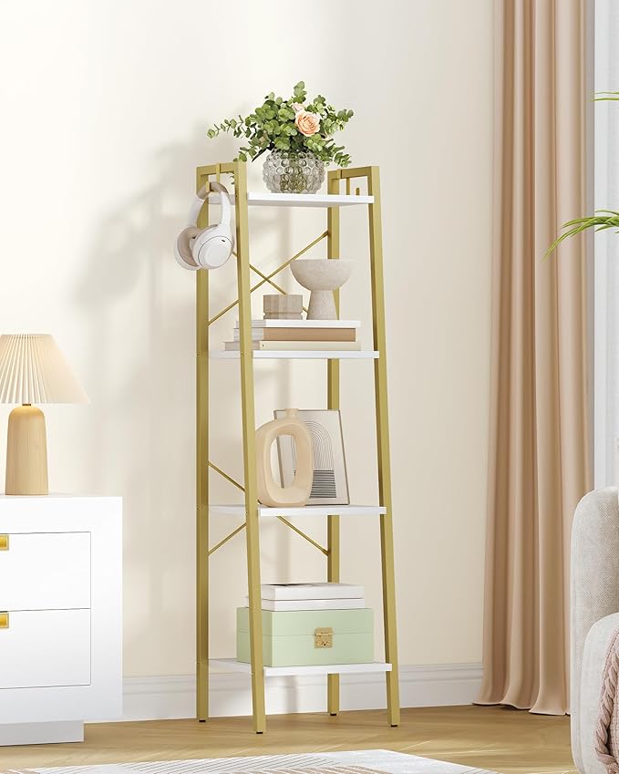 Hzuaneri Ladder Shelf, Bookshelf Bookcase, Freestanding Corner Storage Shelve with 2 Hooks for Home Office, Living Room, Kitchen, Bedroom, Industrial, 11.8" D x 13.4" W x 47.2" H, White Gold BC13213G