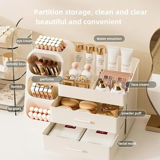 KQJS Makeup Organizer with Drawers,Large Capacity Countertop Organizer for Vanity,Bathroom and Bedroom Desk Cosmetics Organizer,Easy To Storage Skincare,Brushes,Lotions,Lipstick (All Cream)