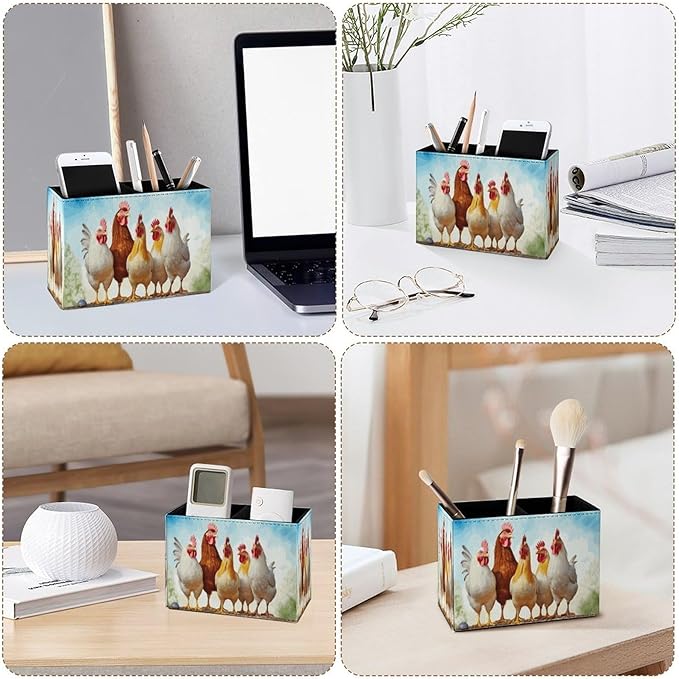 Famame Chicken Roosters Farm Animals Pencil Holder for Desk, Leather Desktop Container Pen Cup Storage Study Table Pen Organizer Makeup Brush Holder for Classroom Office Home