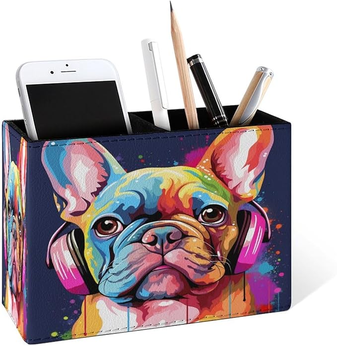 Famame Colorful Dog French Bulldog Pencil Holder for Desk, Leather Desktop Container Pen Cup Storage Study Table Pen Organizer Makeup Brushes Holder for Office Home