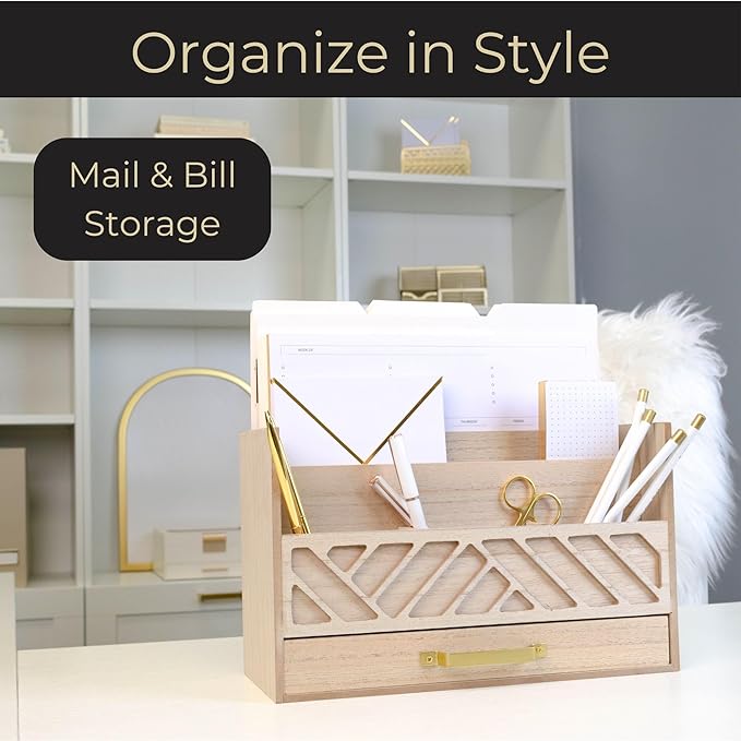 BLU MONACO | Wooden Mail Organizer with Drawer and Gold Handle | Outgoing Mail Holder and Letter Sorter for Desk | Natural Wood Desktop Paper Organizer