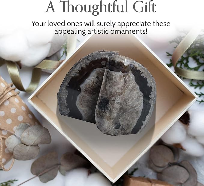 Nature's Decorations A Quality Black Agate Geode Bookends - Heavy Duty with Non-Skid Rubber Bumpers for Shelves, Office, Home Decor - Cool Crystal Stone (1 Pair 3-4 LB)