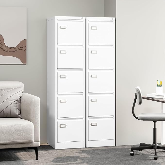 PEUKC 5-Drawer File Cabinet, 16.3" Deep Vertical Metal Filing Cabinet with Lock for Home Office, Anti-Tip 5 Storage Drawers for Letter/Legal/A4/F4 Size (Assemble Required, White)