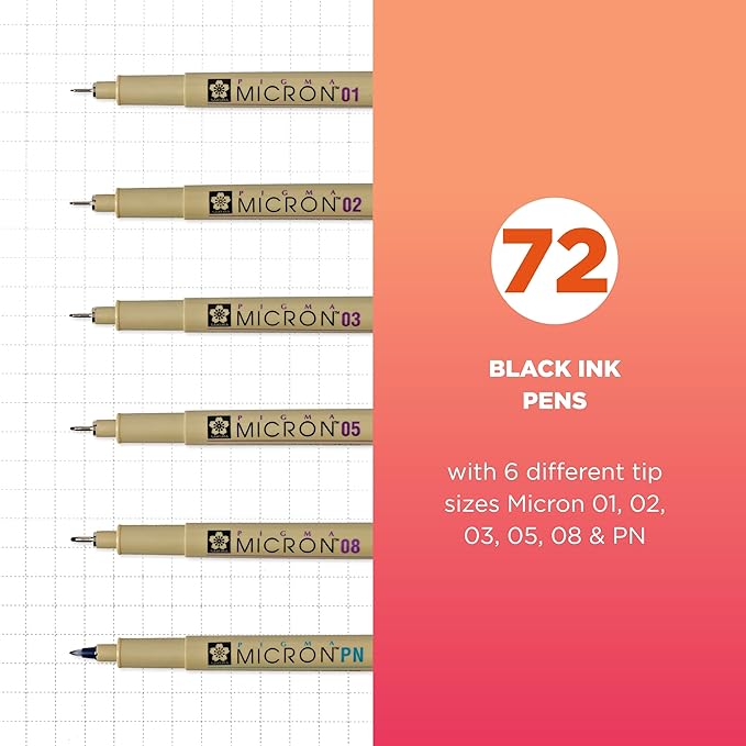 SAKURA Pigma Micron Black Ink Multi-tip Set, 72 Pen Count