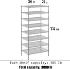 Regal Altair 24" Deep x 36" Wide x 74" Height Wire Shelving Kit | 8-Tier | NSF Commercial Storage Rack Unit