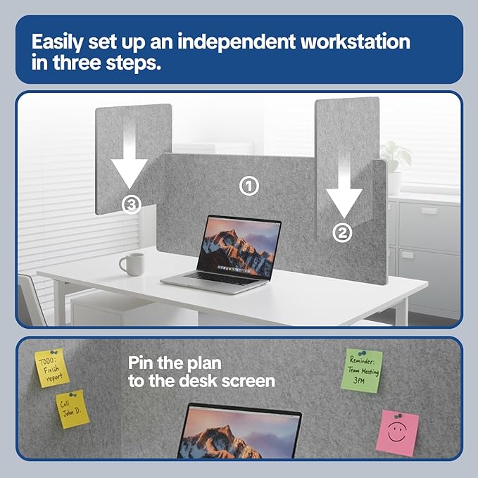 Keemute Desk Divider Privacy Screen 3 Panel Sound Absorbing - 47.2”x 23.6”x 19.7” Freestanding Acoustic Partitions for Office, Noise Reducing Panels for School, Home, Library,Sliver Grey
