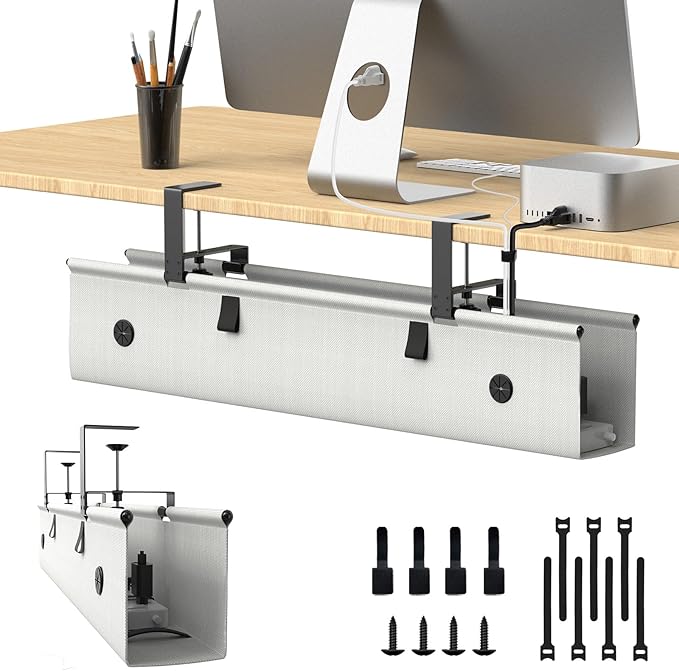 KIGJU Under Desk Cable Management Tray, 30-inch No-Drill Cord Organizer with Anti-Sag Reinforced Base, Fabric Wire Management Hider for Standing Desk, Office & Gaming Accessories - Grey