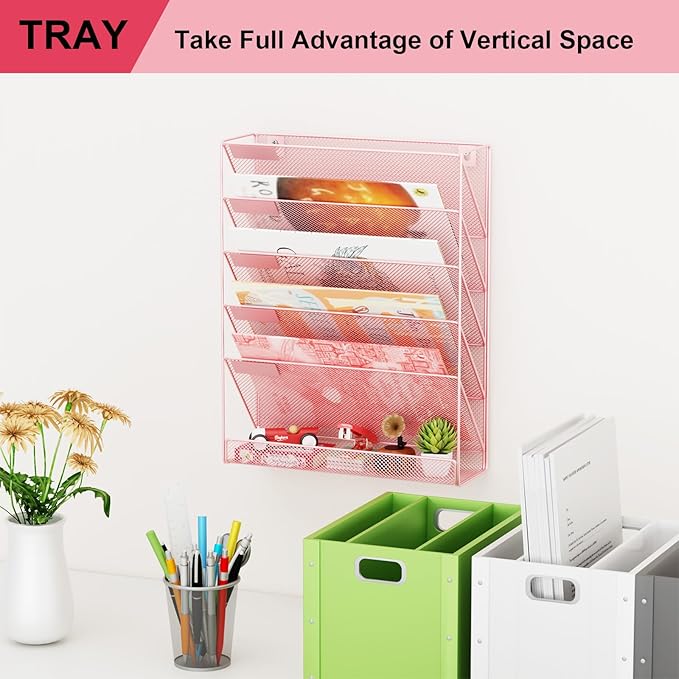 GDINDINFAN Wall File Organizer Holder Mesh Hanging Paper Document Holder, Vertical 6 Pocket Tier for Office Home, Light Pink