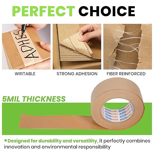 ADHES Water Activated Tape 2" x 55yds, 6 Rolls, Reinforced Kraft Gummed Paper Tape, Eco-Friendly, Strong Adhesive Shipping Tape for Packing, Shipping, Moving