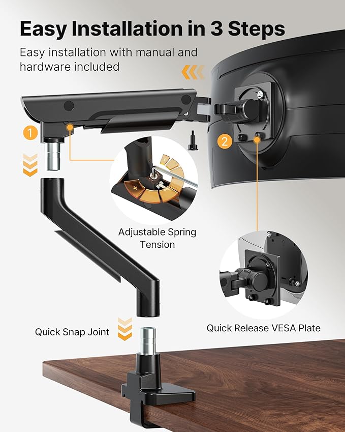 monTEK Sleek Aluminum Monitor Arm for 17–57” Ultrawide Screens up to 59.4 lbs, USB 3.0 A/C, Heavy Duty Single Monitor Arm Desk Mount, Pneumatic Lift, Quick-Release Plate, Clamp/Grommet, VESA 100x100
