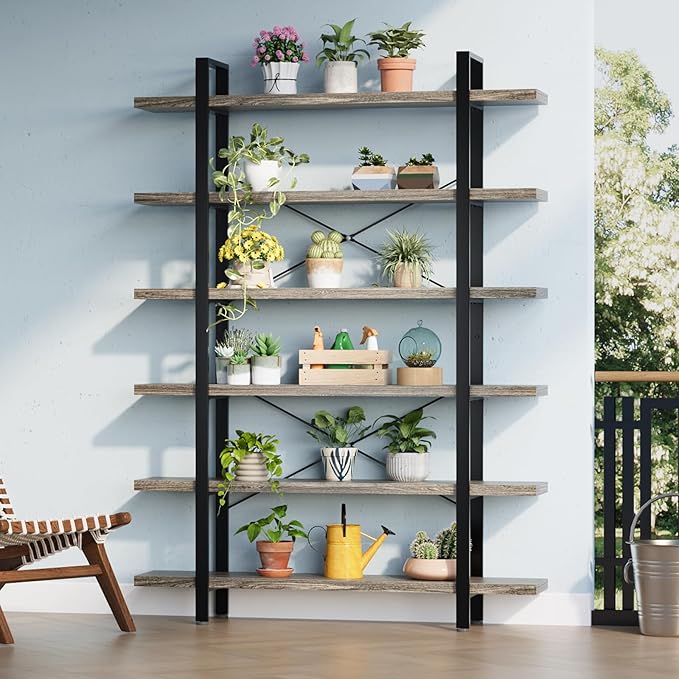 FURSUN Heavy Duty 4 Tier Bookcase, 55-in Tall Industrial Modern Large Bookshelf, Wood Farmhouse Bookcases Book Shelves and Metal Frame for Office, Bedroom, Living Room, Grey