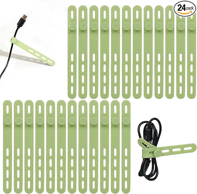 Donruby 24Pcs Silicone Cable Ties - Reusable & Washable with Locking Buckles, Adjustable Fastening Cable Management Straps, Multi-Purpose High Elasticity Cord Organizer (Matcha Green)