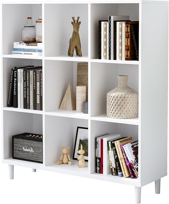 Chyanmoo Wood Cube Storage Organizer White Bookshelf - 3-Tier Freestanding Storage Cabinet with Legs for Home Office, 9-Cubes Open Shelf