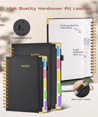 Hardcover Spiral Notebook journal with Removable Dividers Tabs, 300 Pages Leather 5 Subject Notebook College Ruled, 100GMS A5 Notebooks for Work School Note taking,Lined Journal for Women,A5-Black