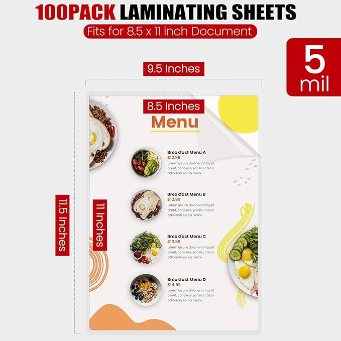CAREGY 100 Pack Laminating Sheets, Holds 8.5 x 11 Inch Sheets,5 Mil Thermal Laminating Pouches,9 x 11.5 Inches Lamination Sheet Paper for Laminator, Clear, Letter Size, Office and School Supplies