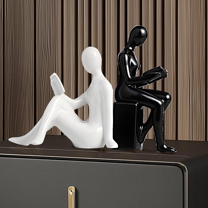 TYGKROF Decorative Bookends,Ceramic Statue Book Ends,Home Office Modern Bookends,Decor Aesthetic Reading Book Holders for Bookshelf,Bedroom Living Room Decoration Unique Bookends(Black and White)