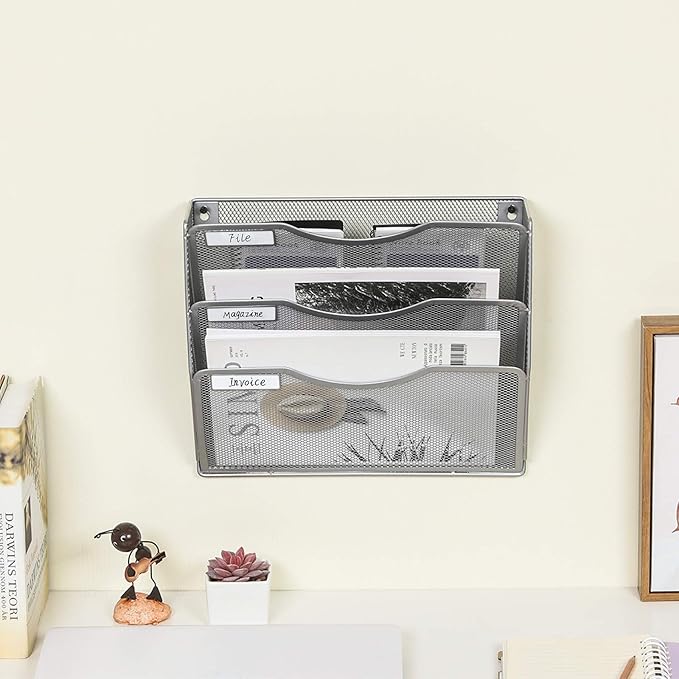 EasyPAG 3 Pocket Mesh Wall File Organizer, Hanging Paper Folder Holder with Classify Label, Vertical Wall Mount Mail Organizer for Office Home Classroom, Silver