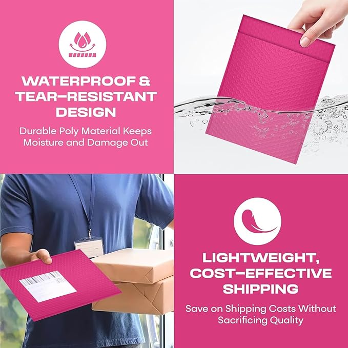Hot Pink Large Poly Bubble Mailers 12x15 inch | Self Seal Padded Envelopes Cushioned Bubble Mailer | Usable Size 12x15 | WaterProof | Lightweight mailing Shipping Bags | 100 Pack Bulk