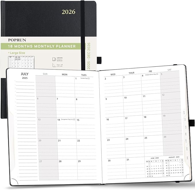 POPRUN 2025-2026 Monthly Planner (B5 8" X 10"), 18-Month Calendar Book (Jul.25 - Dec.26) with Monthly Tabs, Hardcover, Inner Pocket, 100GSM Thick Paper - Black