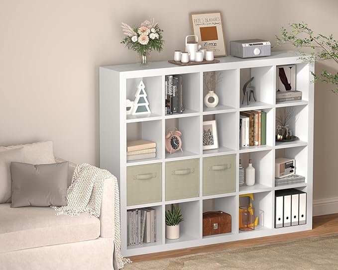 Sturdy Wooden Bookshelf with Storage Bins - 20-Cube Organizer, Multifunctional Cubicle Rack for Display & Storage, Living Room, Bedroom, Office, White
