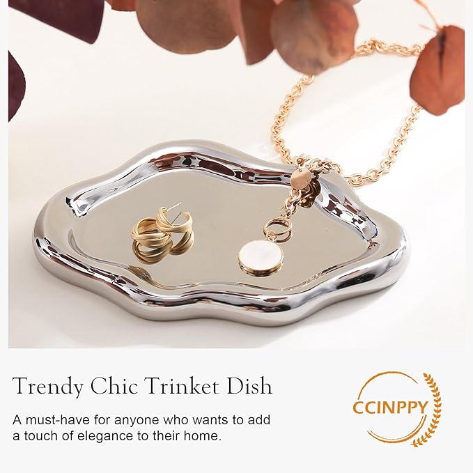 CCINPPY Ceramic Jewelry Tray Trinket Dish, Decorative Cloud Vanity Key Tray for Women, Ring Holder Dish, Cute Jewelry Plate Bowl Room Decor Aesthetic, Silver, Medium