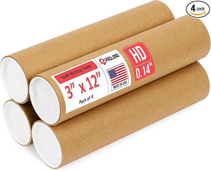 Paclord 3" x 12" Heavy-Duty Reinforced Cardboard Mailing Tube, Pack of 4 Tubes with 8 Caps – Secure USPS Approved – Great for Shipping and Storing of Prints, Artwork, Posters or Documents