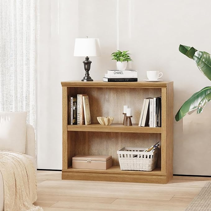 blini 2-Shelf Bookcase Wooden Bookshelves 33in Wide Floor Standing Display Storage Shelves Vintage Oak Bookcase for Home Office, Living Room, Bed Room