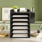 HOOBRO Adjustable Countertop Mail Sorter, 6 Tier Wooden Paper Organizer, Vertical Literature Organizer with Side Storage, Office Mailbox Cubbies, Classroom Mailbox, for Home, Office, Black BB34WF01
