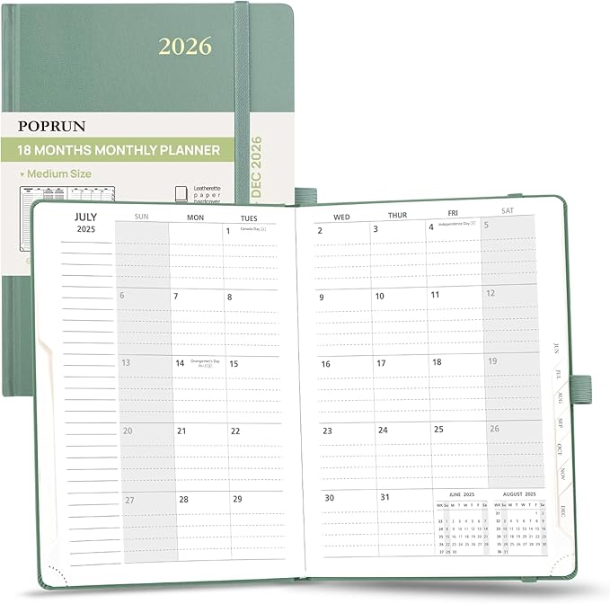 POPRUN 2025-2026 Monthly Planner (A5 8.5" X 6.25"), 18-Month Calendar Book (Jul.25 - Dec.26) with Monthly Tabs, Hardcover, Inner Pocket, 100GSM Thick Paper -Midnight Green