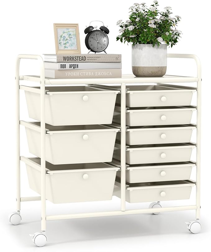 LDAILY 9 Drawer Rolling Storage Cart, Rolling Cart with Drawers for Classroom, Art Supply Craft Organizer on Wheel with Metal Frame & Handles for Home Office School