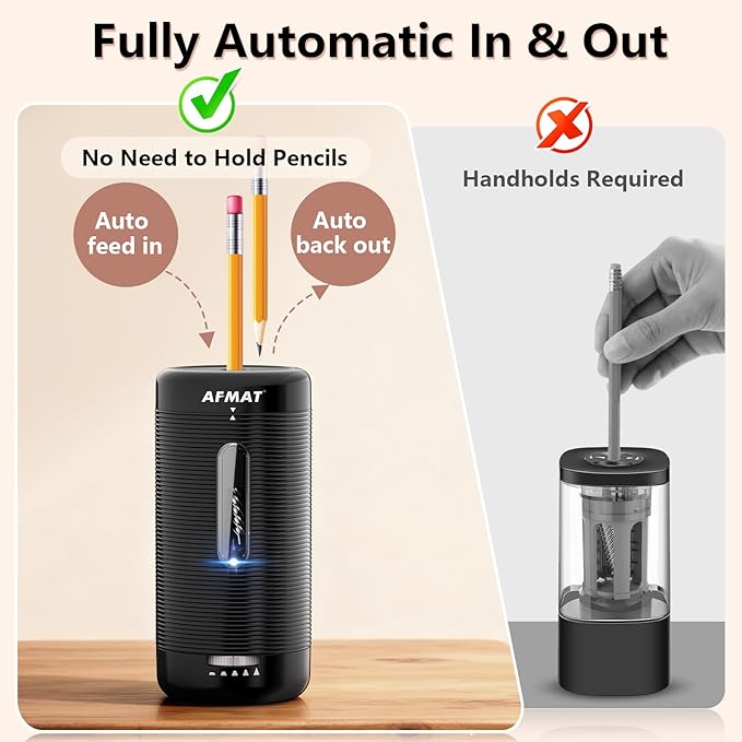 AFMAT Electric Pencil Sharpener, Fully Automatic Pencil Sharpener, Auto in & Out, Rechargeable Hands-Free Sharpeners for Jumbo & Colored Pencils (6.5-12mm), Portable for Home/Classroom/Office PSC2