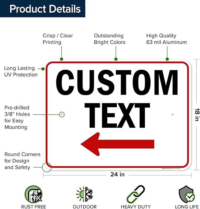 Custom Arrow,Custom Directional Sign, Left Arrow,18x24 Inches, Rust Free .063 Aluminum, Fade Resistant, Made in USA by My Sign Center