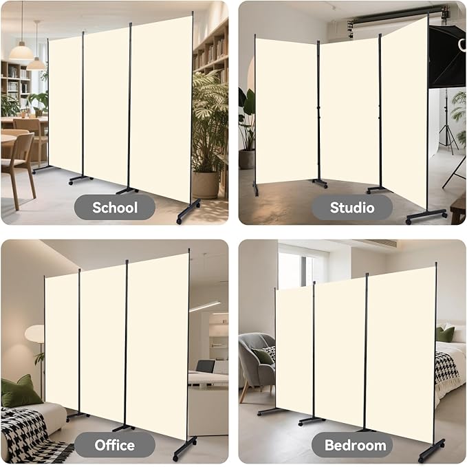 Room Divider (3 Panel) Wall Divider for Room Separation, 102 inch Wide Portable Privacy Screens W/Wheels, Metal Frame Freestanding Room Separators 5.6FT Room Partitions and Dividers