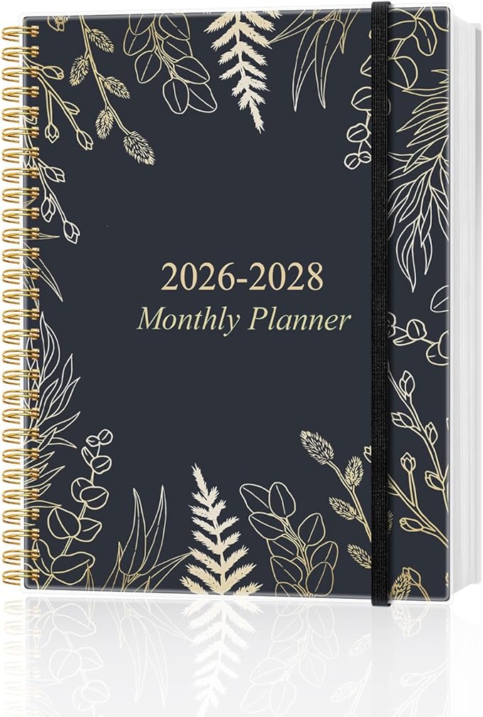 2026-2028 Monthly Planner, Three Years Calendar from January 2026 - December 2028 with Spiral Binding, Inner Pocket, Elastic Closure, 38 Month Planner for Home | School | Office, 8.5" x 11", White Gold Leaf