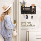 FifthQuarter Key and Mail Holder for Wall, Mail Organizer Wall Mount with 6 Hooks and Storage Drawer, Easy Installation Key Rack for Entryway and Home Decor (A-Black)