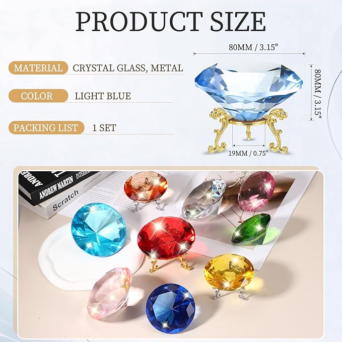 PATIKIL Diamond Crystal Paperweight, 80mm / 3.15" Crystal Paperweight Paper Weight with Gold 19 Metal Base for Home Office Desktop Table Decor Wedding Party Ornaments, Light Blue