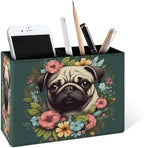 Famame Vintage Flowers Around Pug Pencil Holder for Desk, Leather Desktop Container Pen Cup Storage Study Table Pen Organizer Makeup Brush Holder for Classroom Office Home