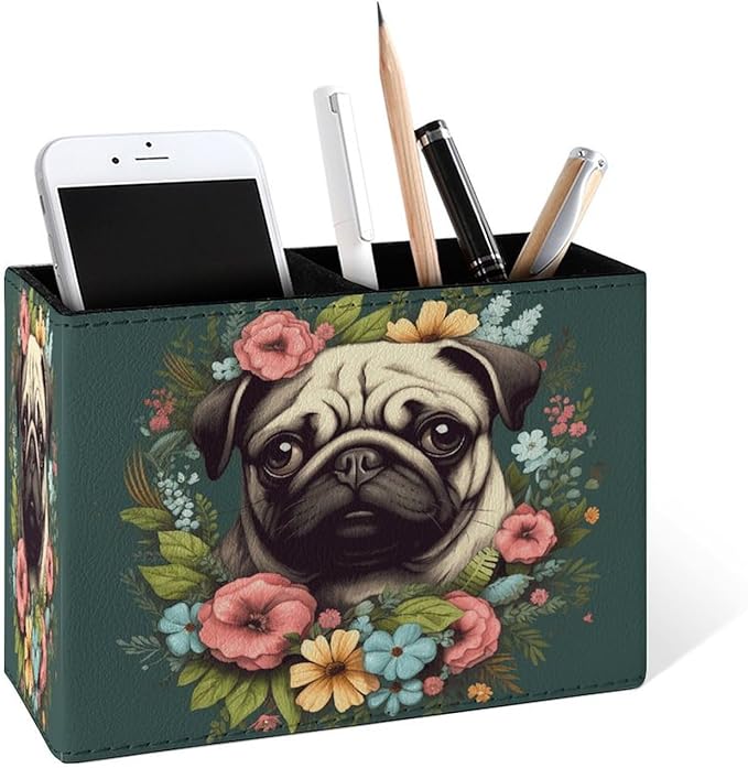 Famame Vintage Flowers Around Pug Pencil Holder for Desk, Leather Desktop Container Pen Cup Storage Study Table Pen Organizer Makeup Brush Holder for Classroom Office Home