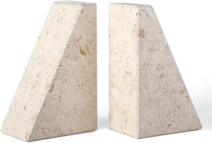 Karibiber Marble Bookends for Heavy Books, Decorative Book Ends for Shelves, Beige Stone Durable and Heavy-Duty Book Ends for Hardback Books & CDS, Unique Book Stopper & Holder, Set of 2