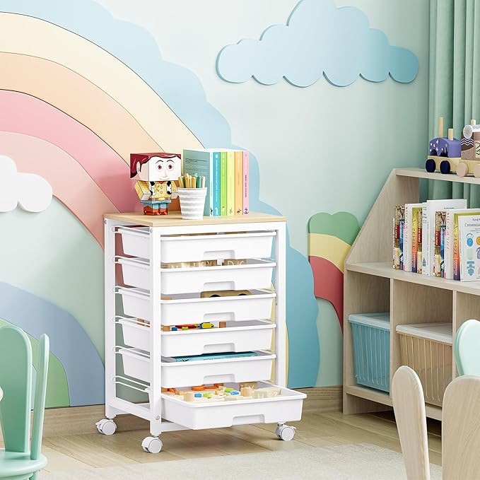 SYKIARIOL Rolling Storage Utility Cart with 6 Drawers and Wooden Tabletop for Under Desk Storage,White