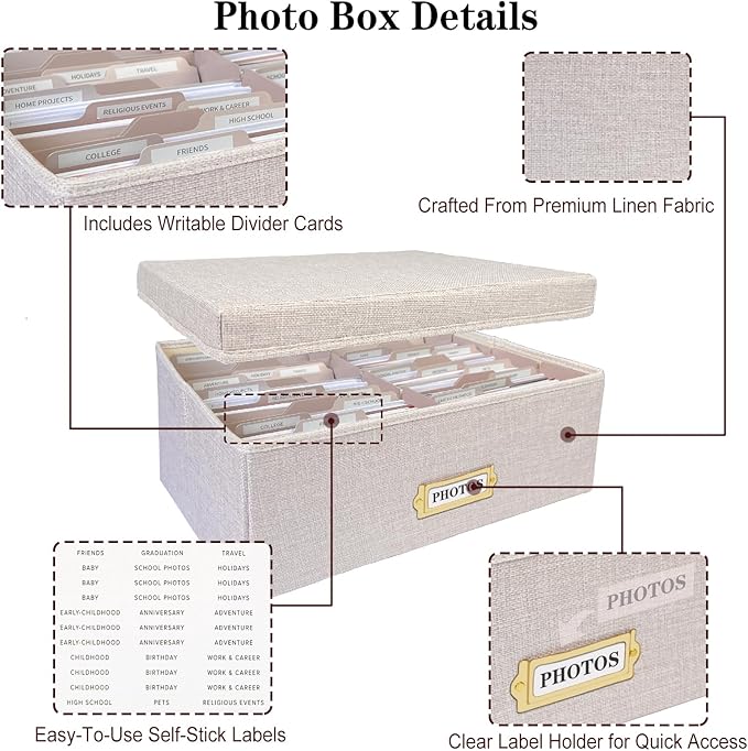 Sprsthai Linen Photo Storage Box – Holds 1700 Photos, 24 Adjustable Dividers & 72 Labels Multi-Use Organizer for Photos, Envelopes, Recipes Beige