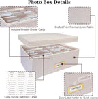 Sprsthai Linen Photo Storage Box – Holds 1700 Photos, 24 Adjustable Dividers & 72 Labels Multi-Use Organizer for Photos, Envelopes, Recipes Beige