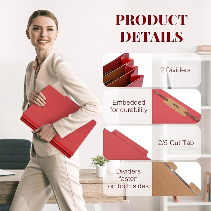 Skyygemm 48 Pcs Classification Folders Letter Size, 2 Divider Pressboard File Folders with 3. 5 Inch Expansion, 2 Prongs Fastener, Heavy Duty Office File Organizers for Teachers, Medical (Dark Red)