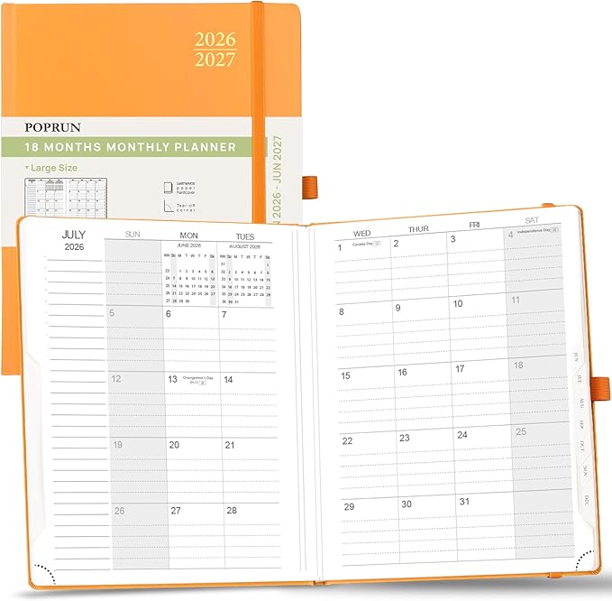 POPRUN Monthly Planner 2026-2027, Large-8'' x 10'', 18-Month Calendar Book (Jan.26 - Jun.27), Calendar Planner with Monthly Tabs, Storage Pocket, Hardcover, 100 GSM Paper - Orange