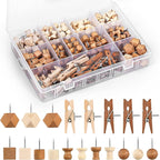 GOOLADA 300Pcs Wooden Push Pins,2 Colors and 7 Types Decorative Thumb Tacks, Cute Thumb Tacks, Wood Pushpins for Cork Board, Wooden Thumbtacks for Bulletin Board, Cubicle Wall, Cork Board Accessories